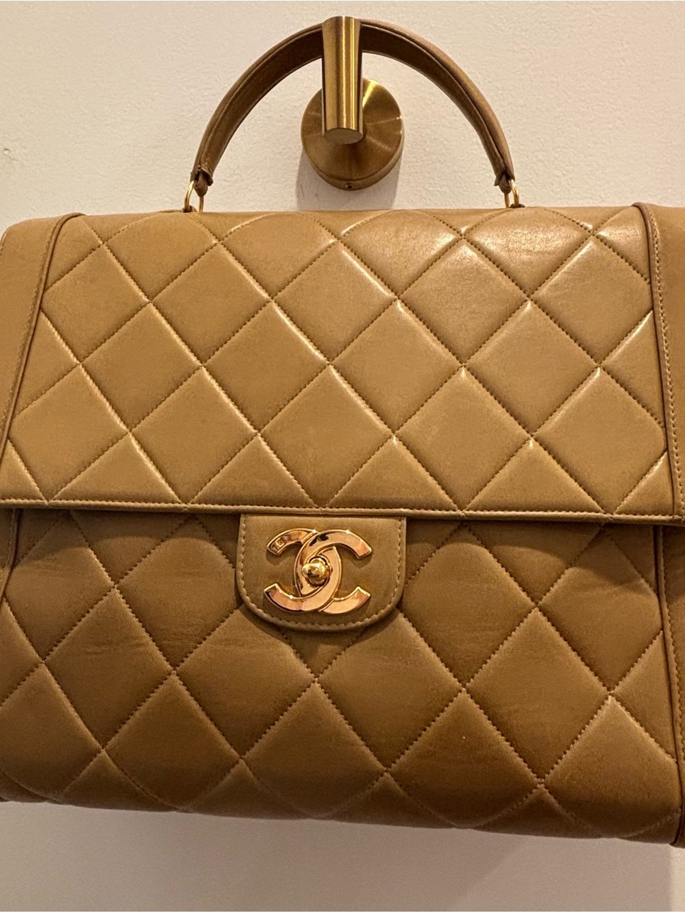 Chanel Vintage Quilted Top Handle Kelly Bag in Tan, 24K Gold Hardware